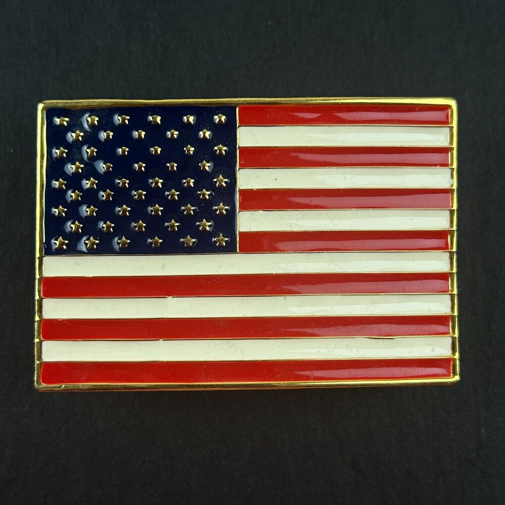Vintage Dotty Smith Goldtone American Flag Enameled Belt Buckle 2.5" x  1.75"
